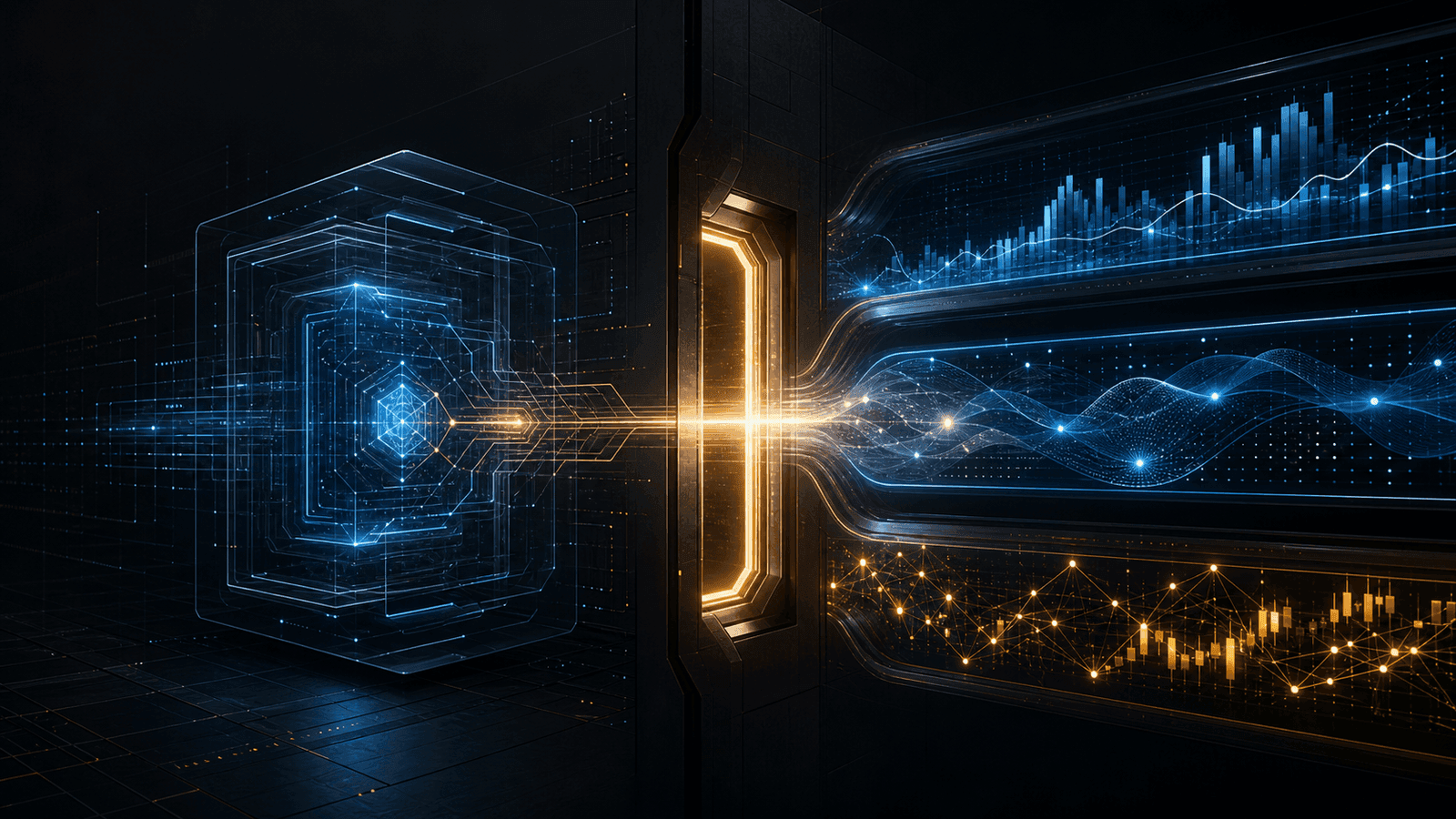 An AI agent overseeing a glowing financial market interface