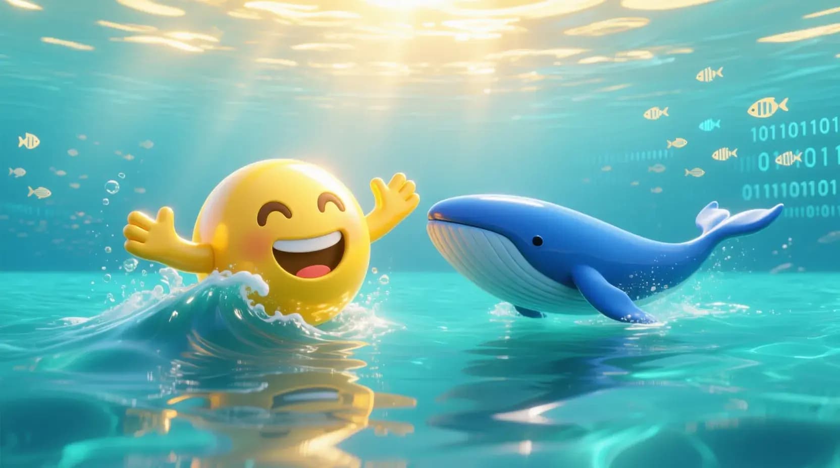 Hugging Face character swimming beside a blue whale in a playful illustration of China's open model ecosystem after DeepSeek