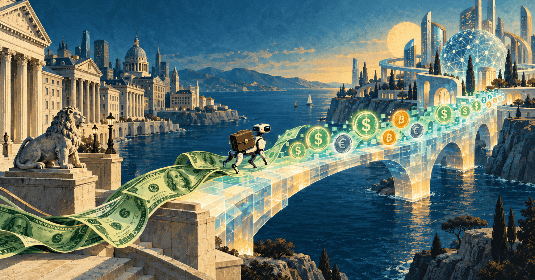 Dollar banknotes become digital tokens on a translucent bridge between traditional banks and a connected financial city, with a small robot carrying a wallet.