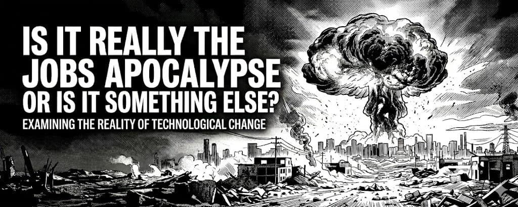 A monochrome editorial illustration asking whether AI is really causing a jobs apocalypse