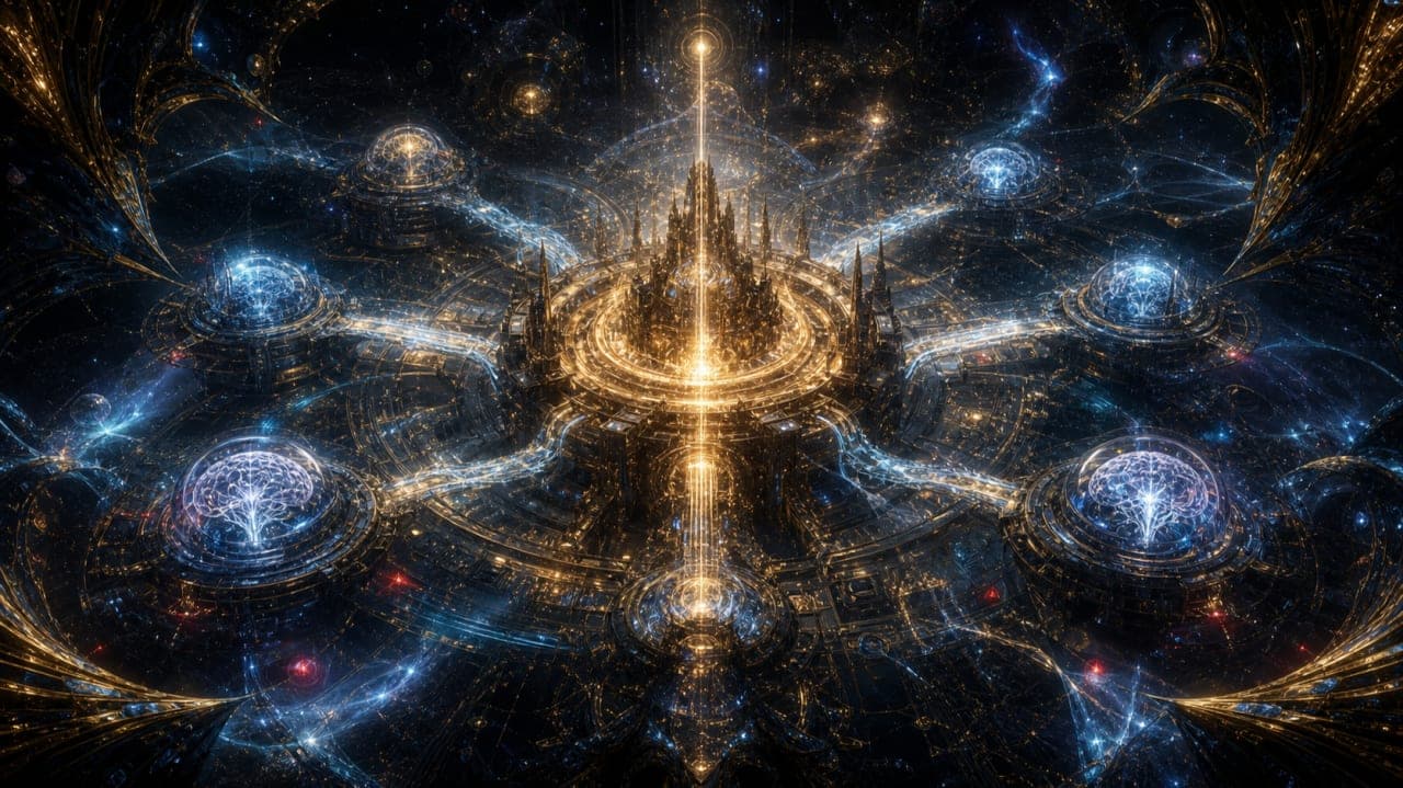 A central golden knowledge system connected to several blue satellite brains