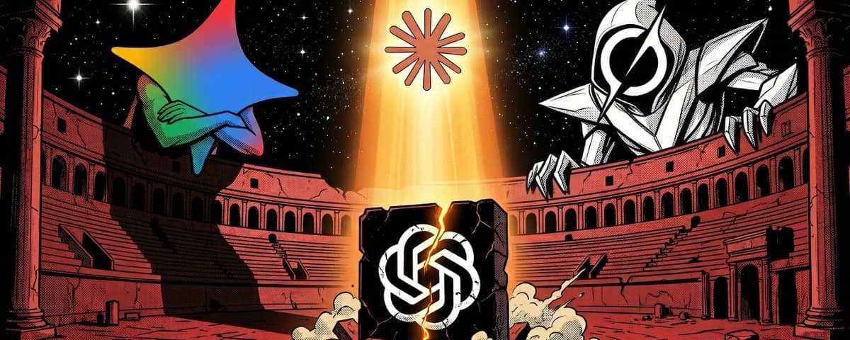 Four AI model symbols facing an OpenAI emblem in an illustrated arena
