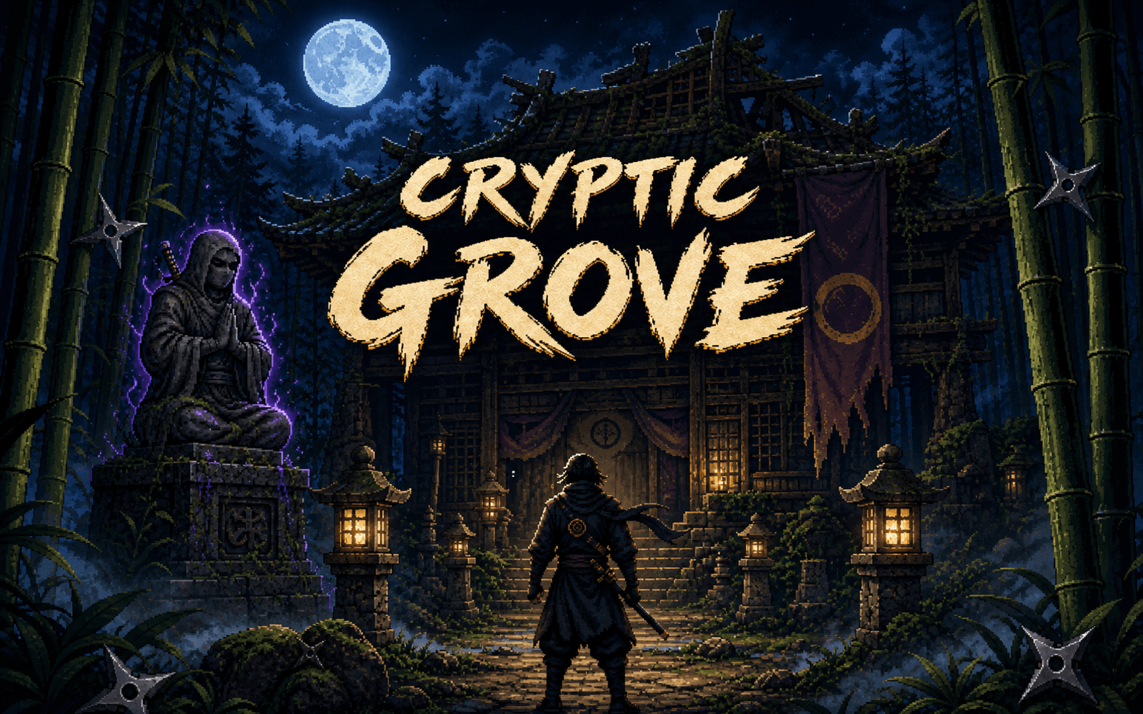 Cryptic Grove game cover showing a moonlit woodland temple