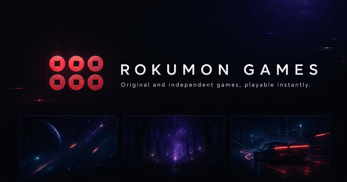 Rokumon Games identity with three scenes from its browser-game catalogue